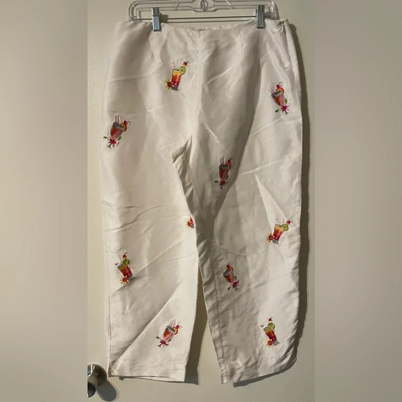 Allison Taylor 100% Silk White Cropped Embroidered Appliqués Pant Size 12 - Picture 1 of 11